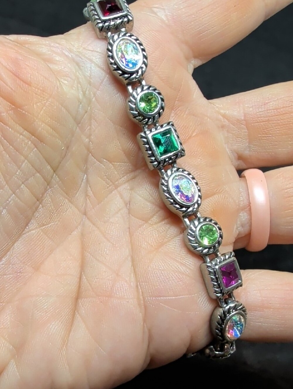 Vintage Parklane Mulit-colored Faux Gemstone Silver-Tone Tennis Bracelet - Picture 4 of 6